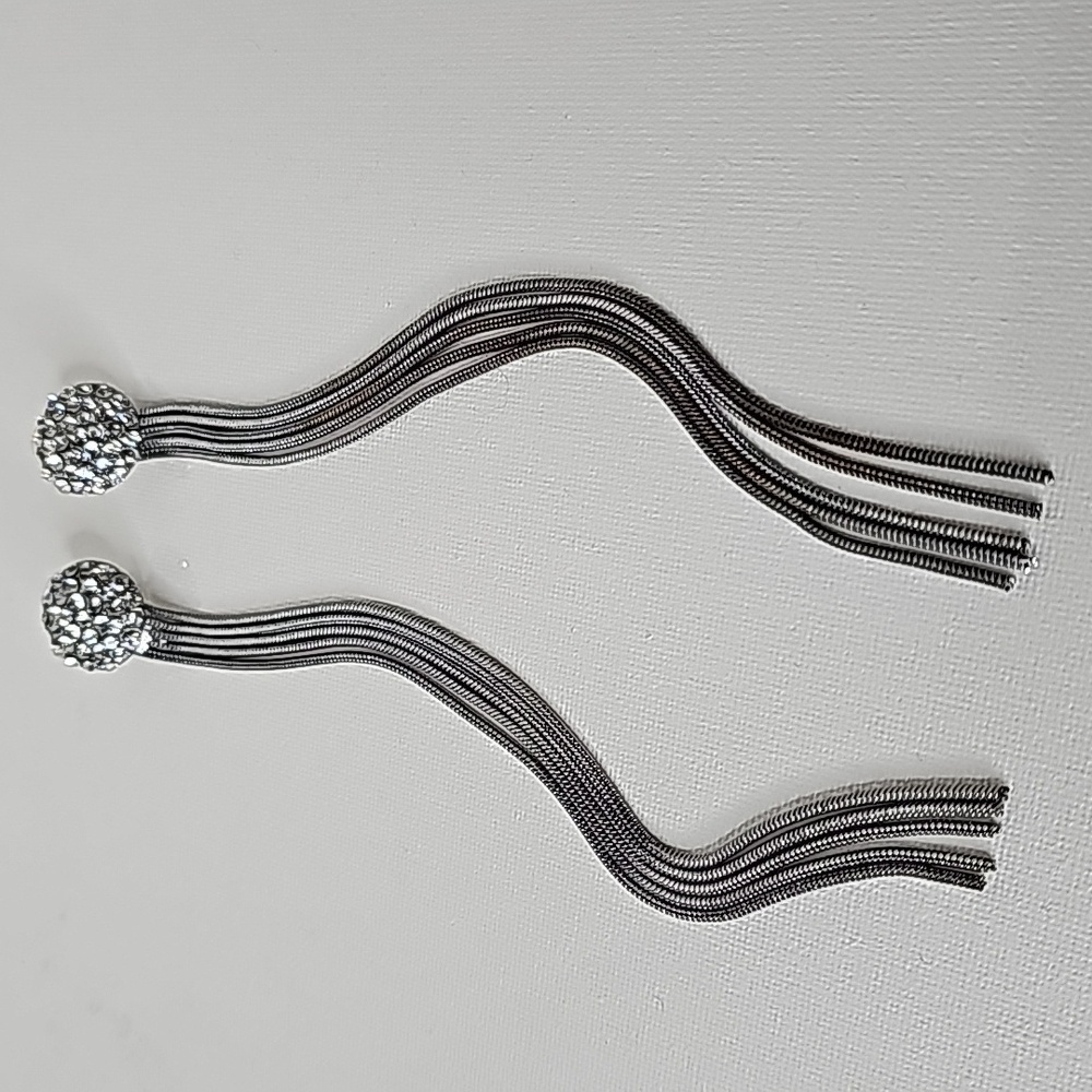 LUX Stunning Crystal Jewel Stud Drop Earrings w Long Silver‎ Fringe
